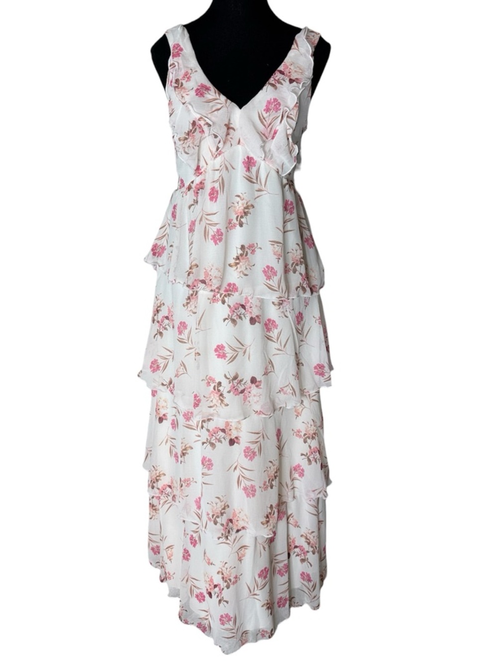 KIRIOUS New White Floral Flowy Tiered Maxi Dress Ruffles Layers Sleeveless Small